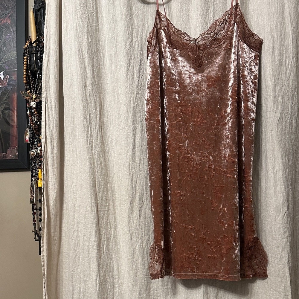 Champagne Velvet Slip Dress with Lace Trim